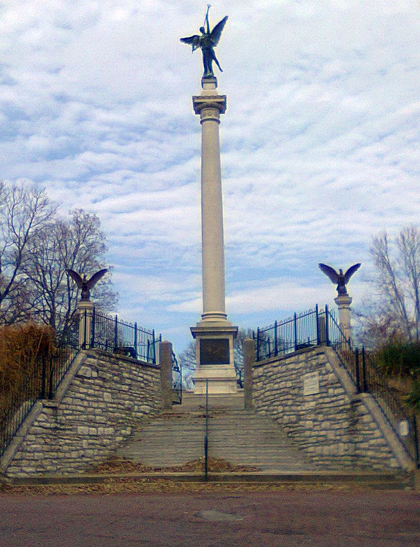 The Lovejoy Monument rising above its stone staircase in Alton